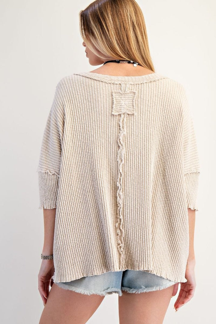 Easel Textured Rib Knit Mineral Washed Raw Hem Short Sleeve Top