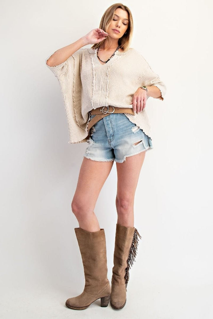 Easel Textured Rib Knit Mineral Washed Raw Hem Short Sleeve Top