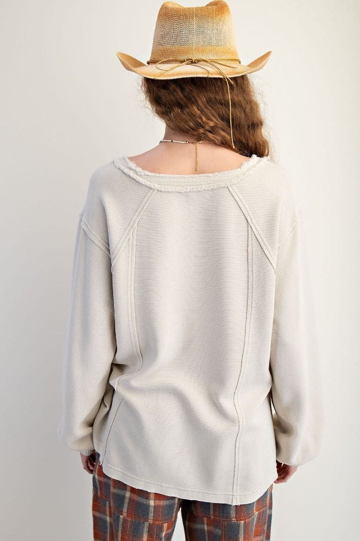 Easel Textured Thermal Washed Henley Top with Button Flap Chest Pockets