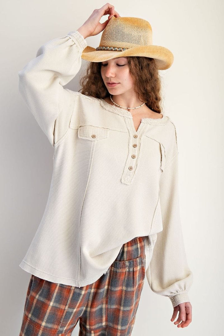 Easel Textured Thermal Washed Henley Top with Button Flap Chest Pockets