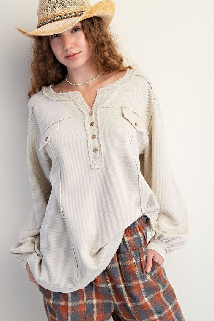 Easel Textured Thermal Washed Henley Top with Button Flap Chest Pockets