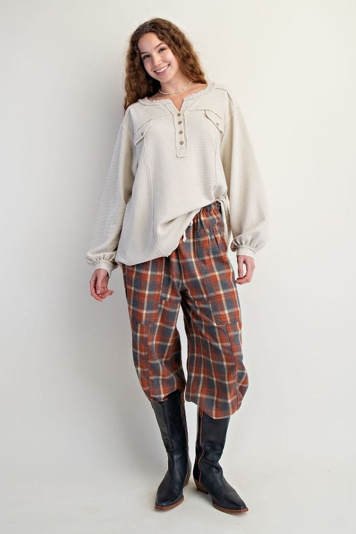 Easel Textured Thermal Washed Henley Top with Button Flap Chest Pockets
