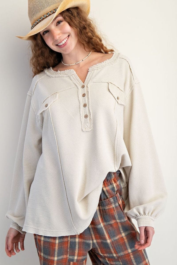 Easel Textured Thermal Washed Henley Top with Button Flap Chest Pockets