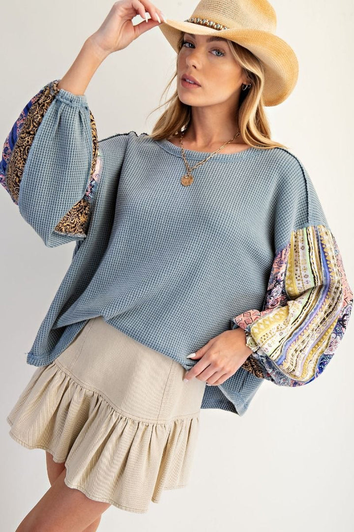 Easel Thermal Waffle Knit Pullover with Patchwork Long Balloon Sleeves
