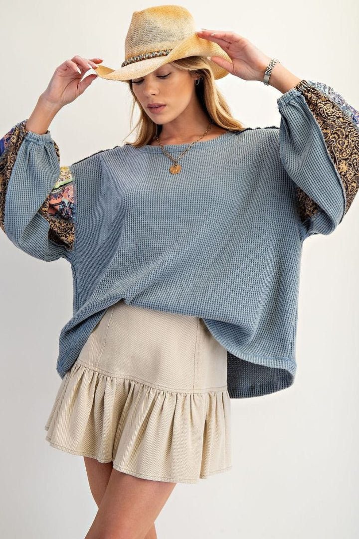 Easel Thermal Waffle Knit Pullover with Patchwork Long Balloon Sleeves