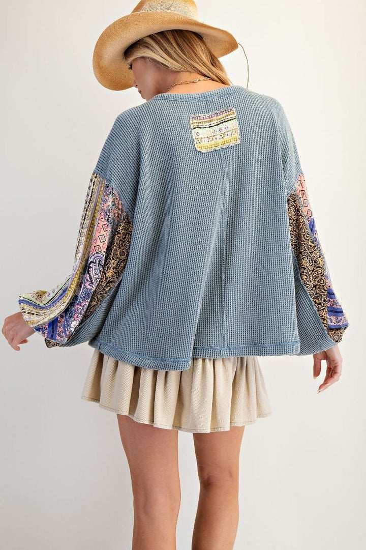 Easel Thermal Waffle Knit Pullover with Patchwork Long Balloon Sleeves