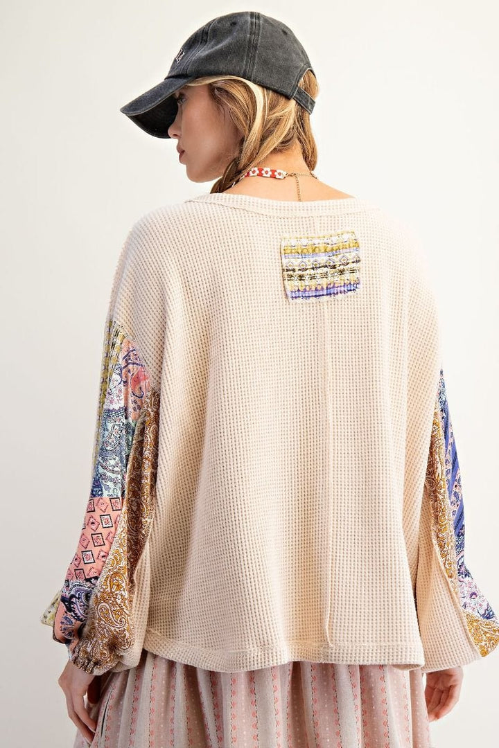 Easel Thermal Waffle Knit Pullover with Patchwork Long Balloon Sleeves