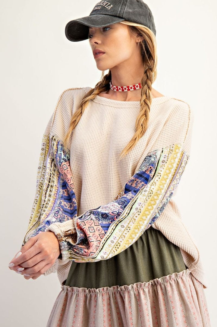 Easel Thermal Waffle Knit Pullover with Patchwork Long Balloon Sleeves