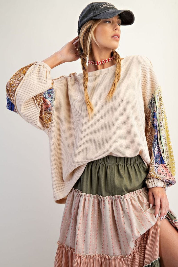 Easel Thermal Waffle Knit Pullover with Patchwork Long Balloon Sleeves