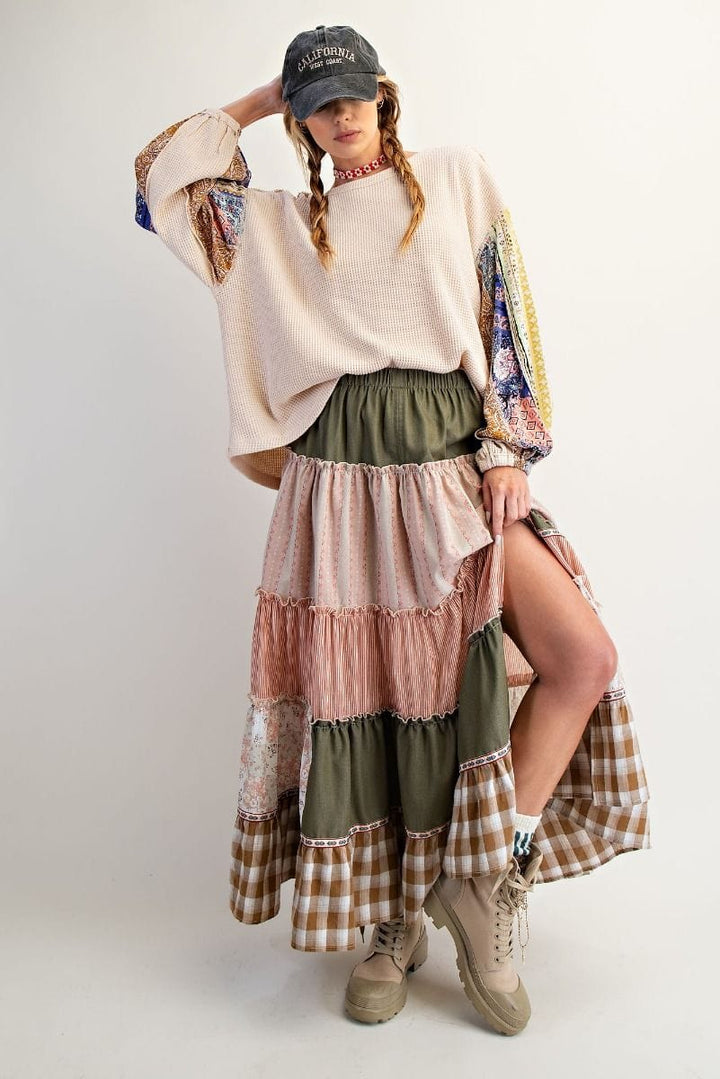 Easel Thermal Waffle Knit Pullover with Patchwork Long Balloon Sleeves