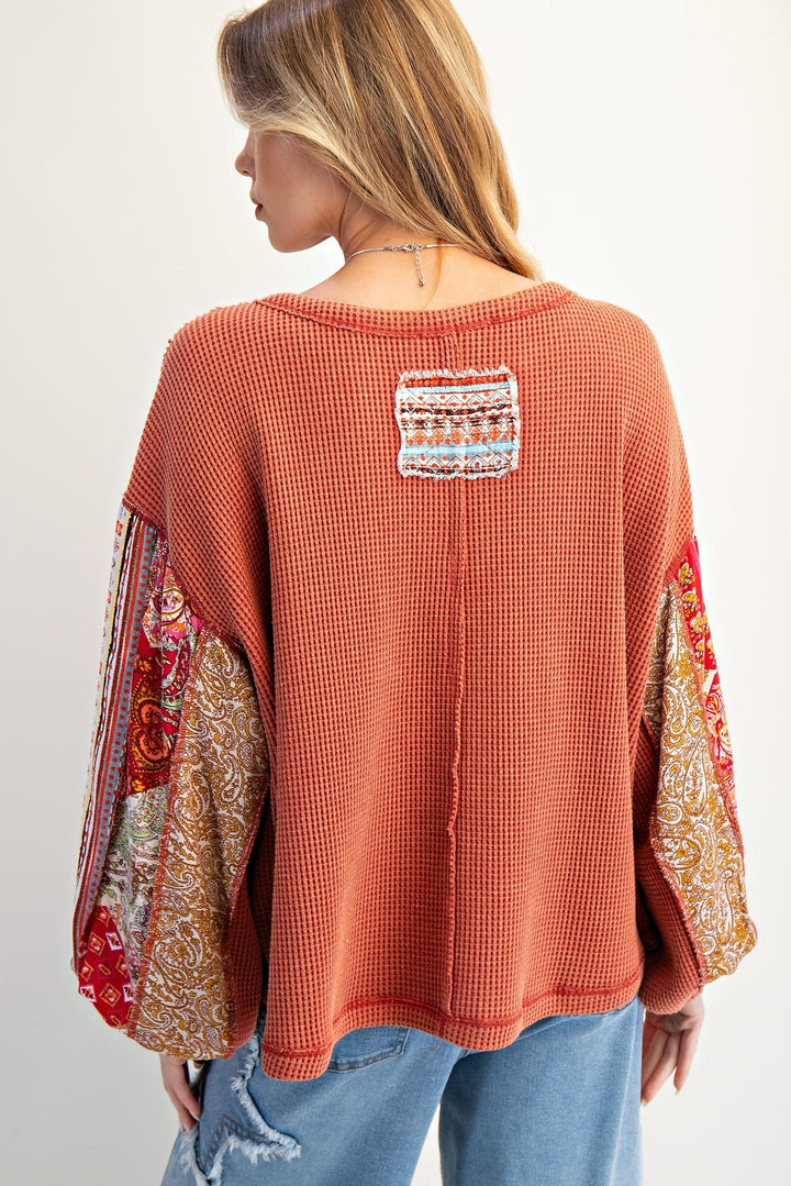 Easel Thermal Waffle Knit Pullover with Patchwork Long Balloon Sleeves
