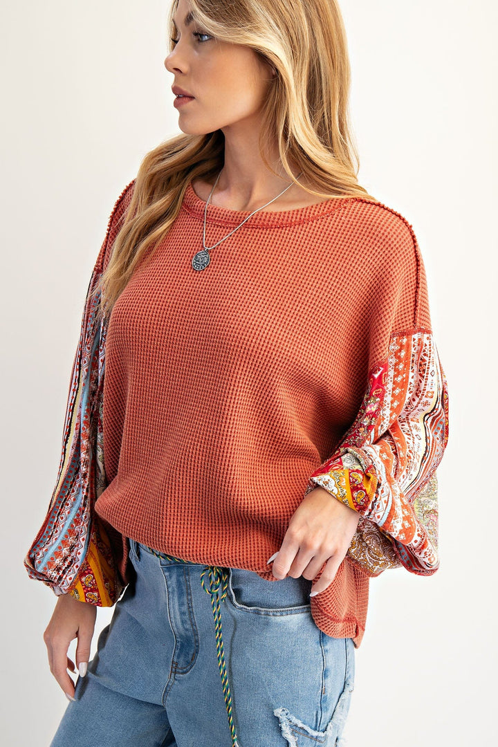 Easel Thermal Waffle Knit Pullover with Patchwork Long Balloon Sleeves