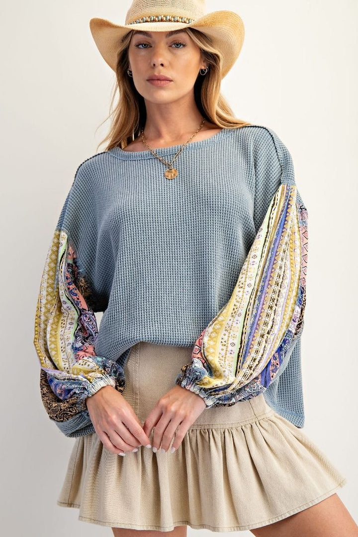 Easel Thermal Waffle Knit Pullover with Patchwork Long Balloon Sleeves