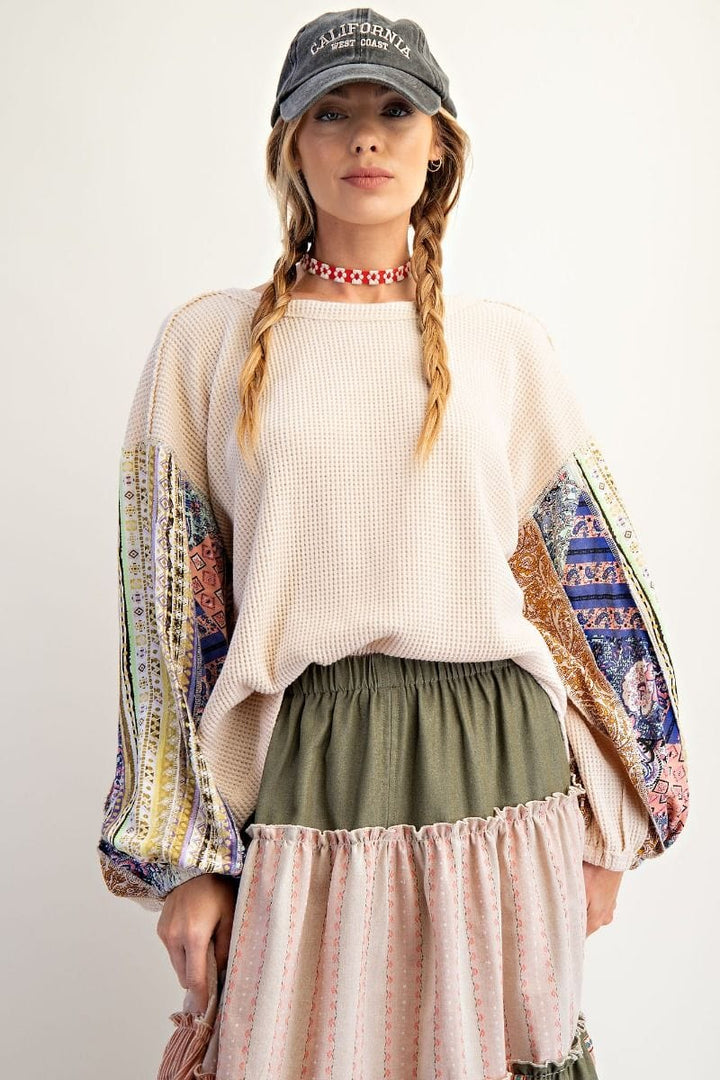 Easel Thermal Waffle Knit Pullover with Patchwork Long Balloon Sleeves