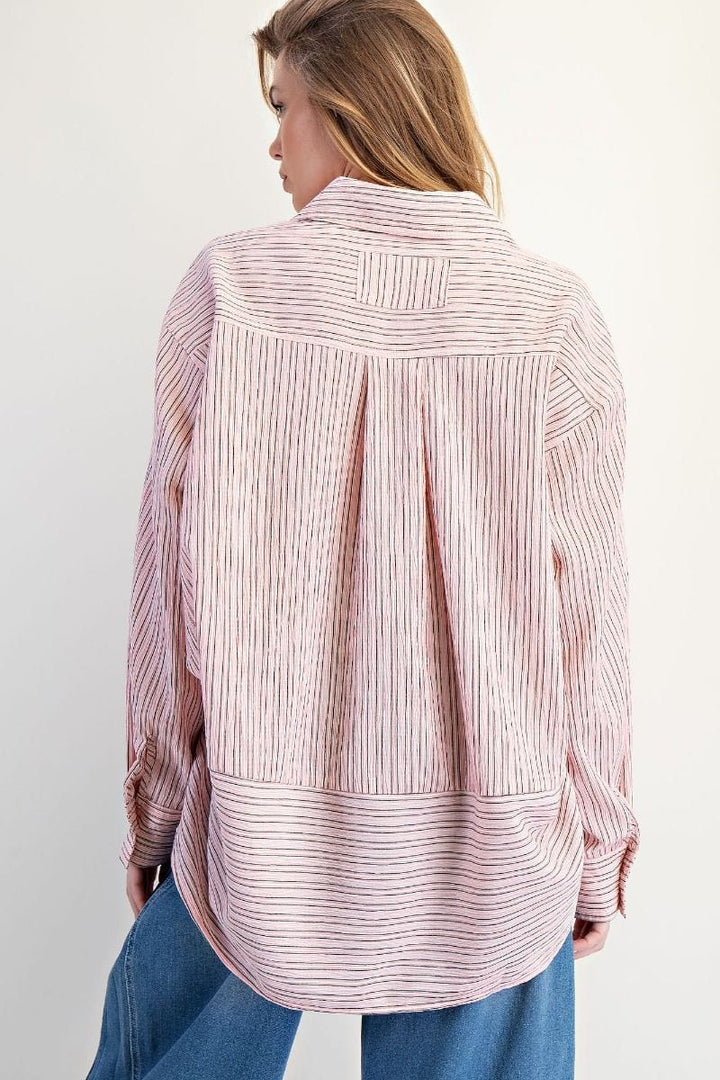 Easel Vertical Stripe Oversized Button Down Collared Long Sleeve Shirt
