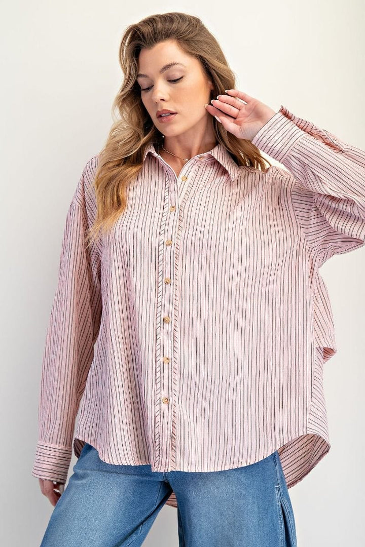 Easel Vertical Stripe Oversized Button Down Collared Long Sleeve Shirt