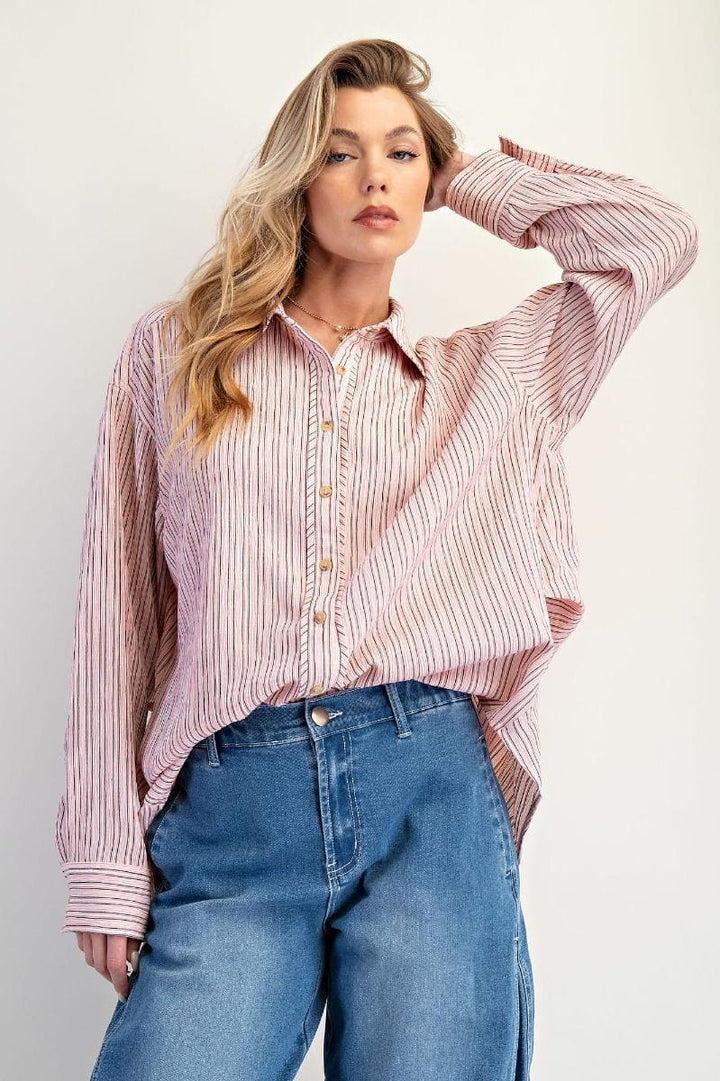 Easel Vertical Stripe Oversized Button Down Collared Long Sleeve Shirt