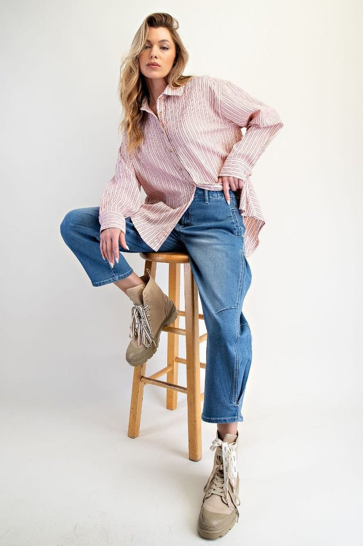 Easel Vertical Stripe Oversized Button Down Collared Long Sleeve Shirt