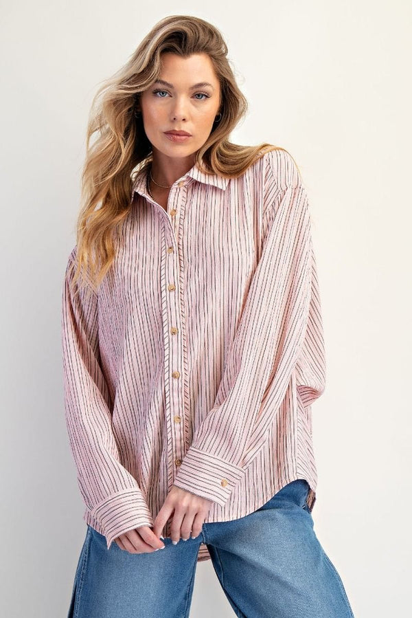 Easel Vertical Stripe Oversized Button Down Collared Long Sleeve Shirt