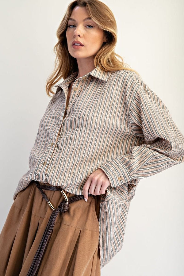 Easel Vertical Stripe Oversized Button Down Collared Long Sleeve Shirt