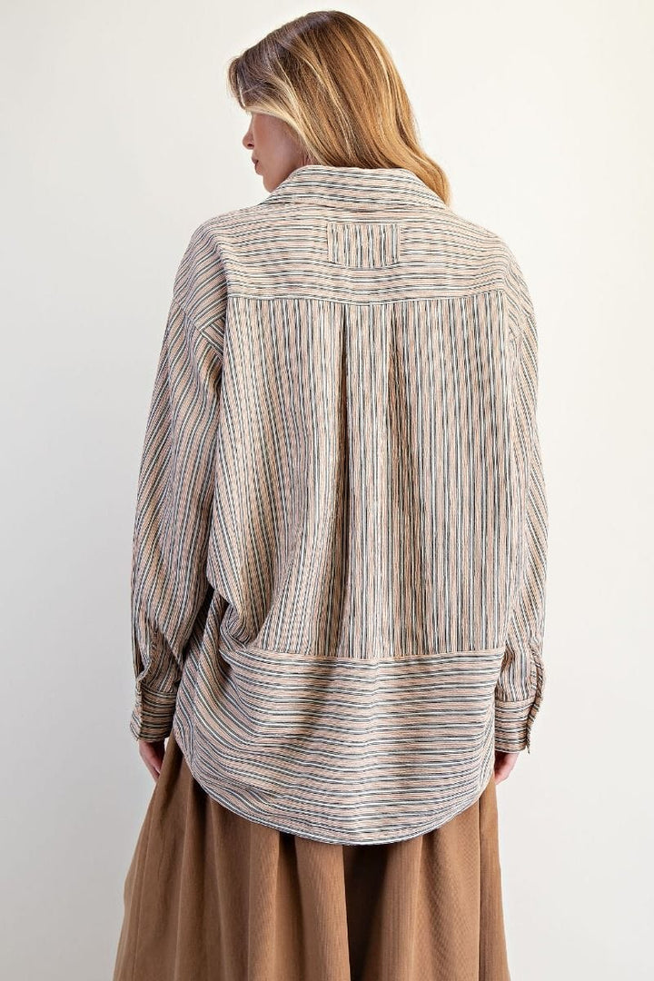 Easel Vertical Stripe Oversized Button Down Collared Long Sleeve Shirt