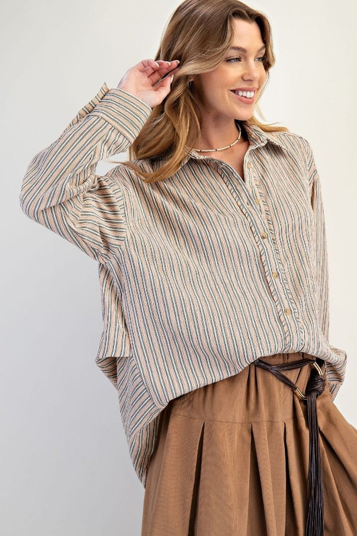 Easel Vertical Stripe Oversized Button Down Collared Long Sleeve Shirt