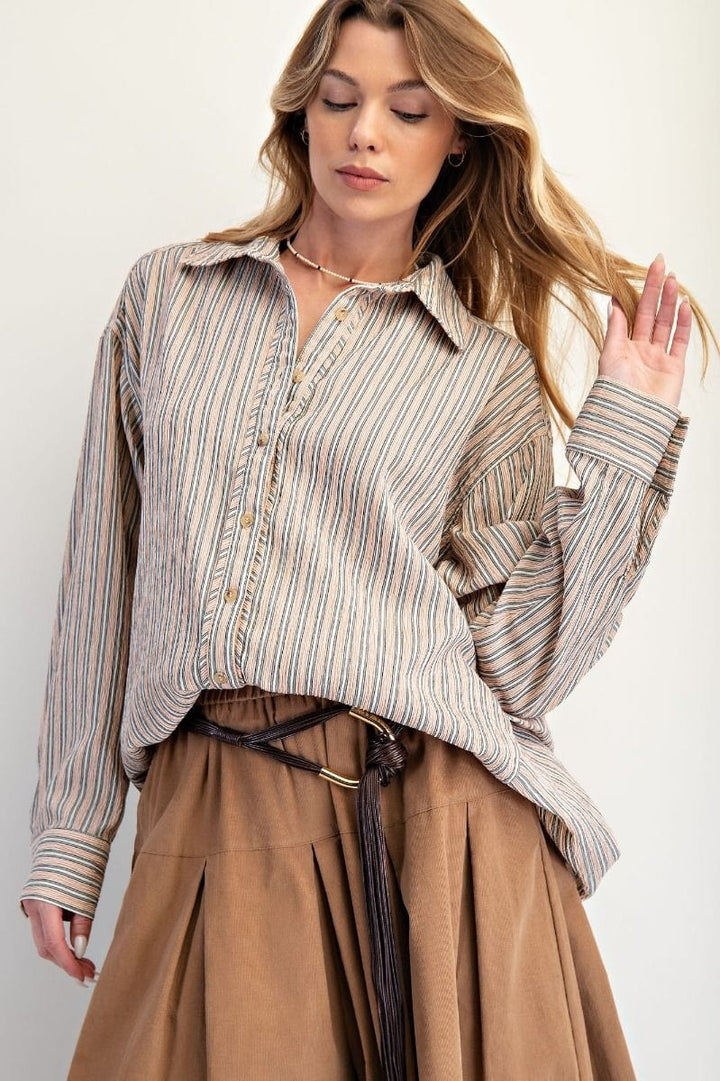 Easel Vertical Stripe Oversized Button Down Collared Long Sleeve Shirt