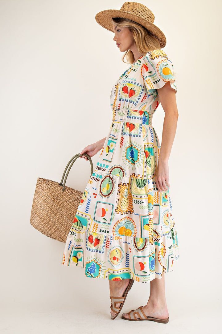 Easel Vibrant Fruit Print Poplin Midi Dress with Side Pockets