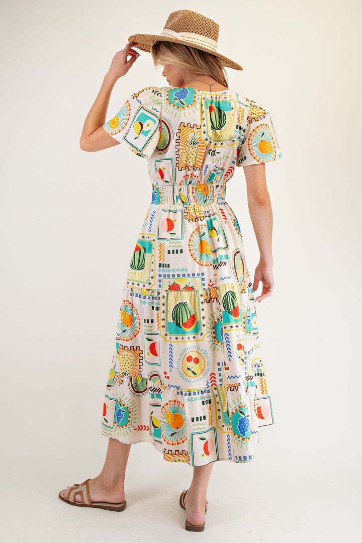 Easel Vibrant Fruit Print Poplin Midi Dress with Side Pockets