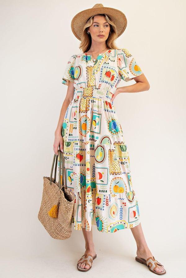 Easel Vibrant Fruit Print Poplin Midi Dress with Side Pockets