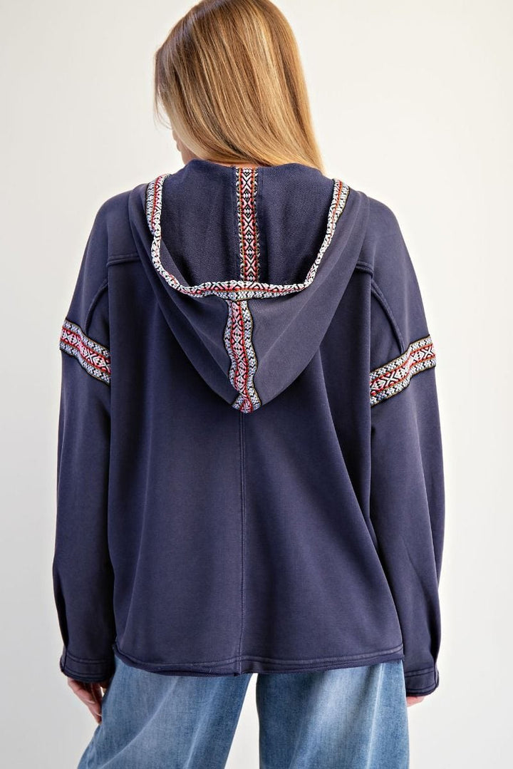 Easel Washed Terry Knit Tribal Pattern Trim Pullover