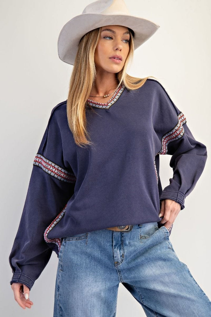 Easel Washed Terry Knit Tribal Pattern Trim Pullover