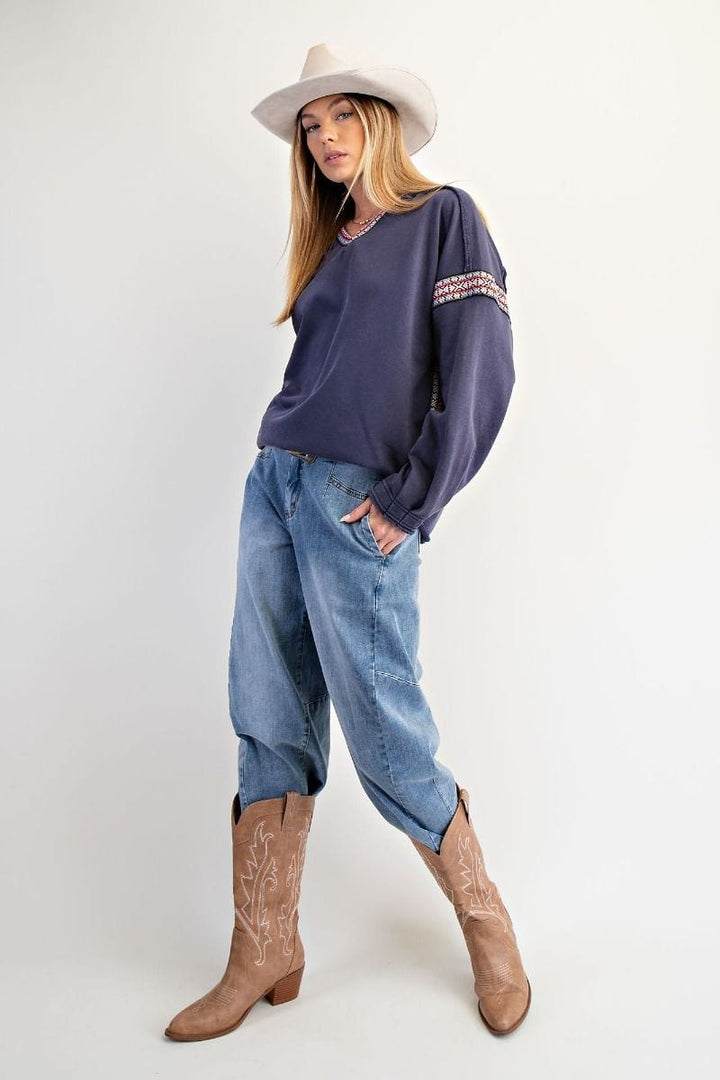 Easel Washed Terry Knit Tribal Pattern Trim Pullover