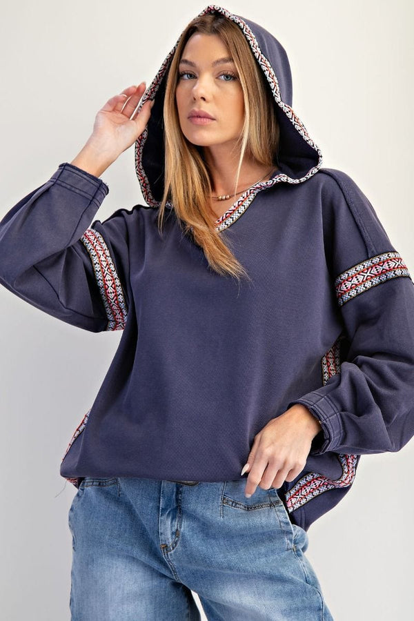 Easel Washed Terry Knit Tribal Pattern Trim Pullover