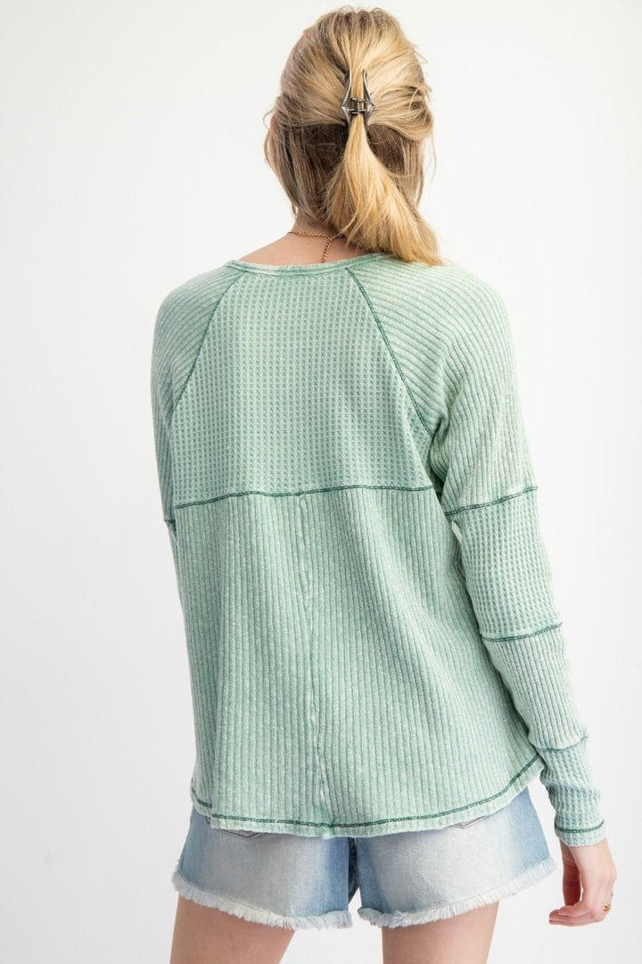 Easel Washed Thermal Henley Knit Defined Seam Tunic Top