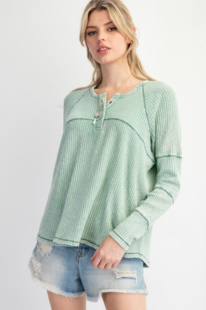 Easel Washed Thermal Henley Knit Defined Seam Tunic Top