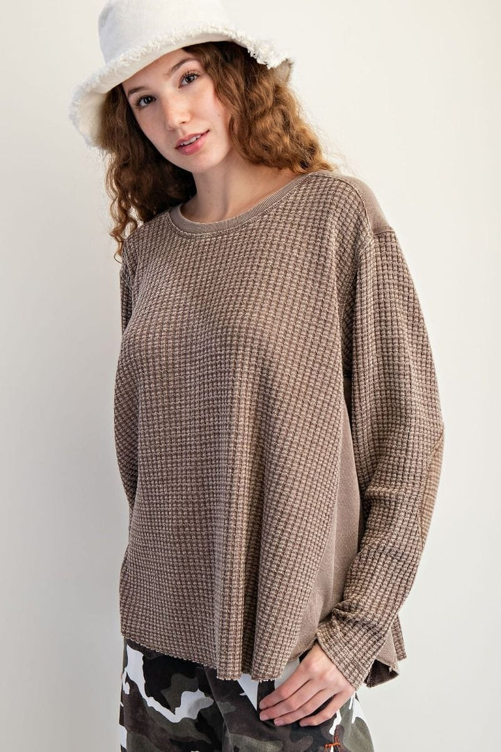 Easel Washed Thermal Waffle Knit Top with Elbow Patches