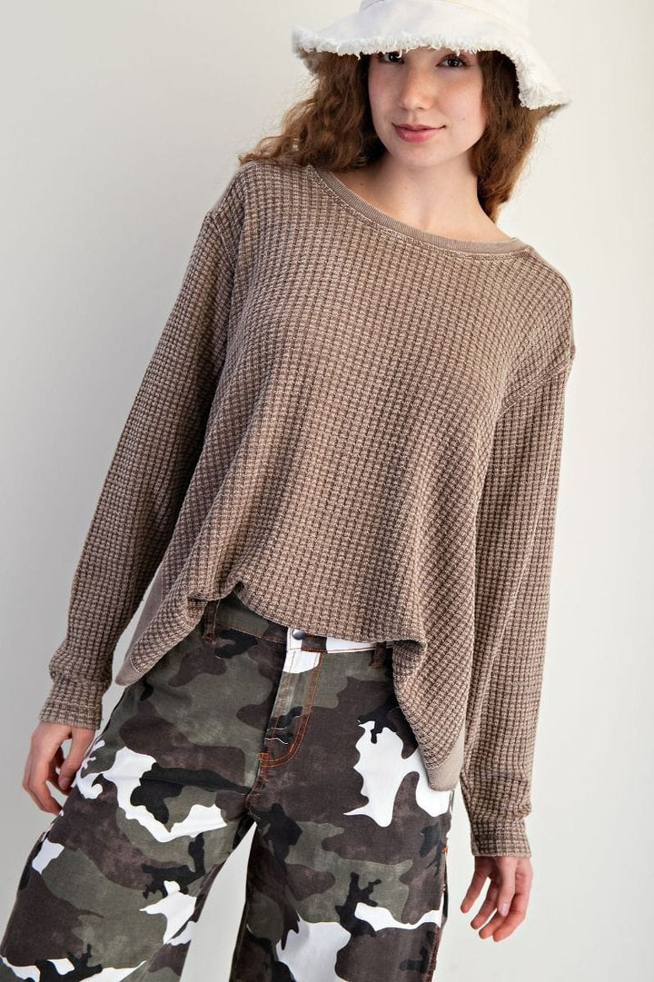 Easel Washed Thermal Waffle Knit Top with Elbow Patches