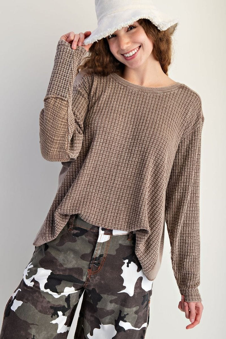Easel Washed Thermal Waffle Knit Top with Elbow Patches