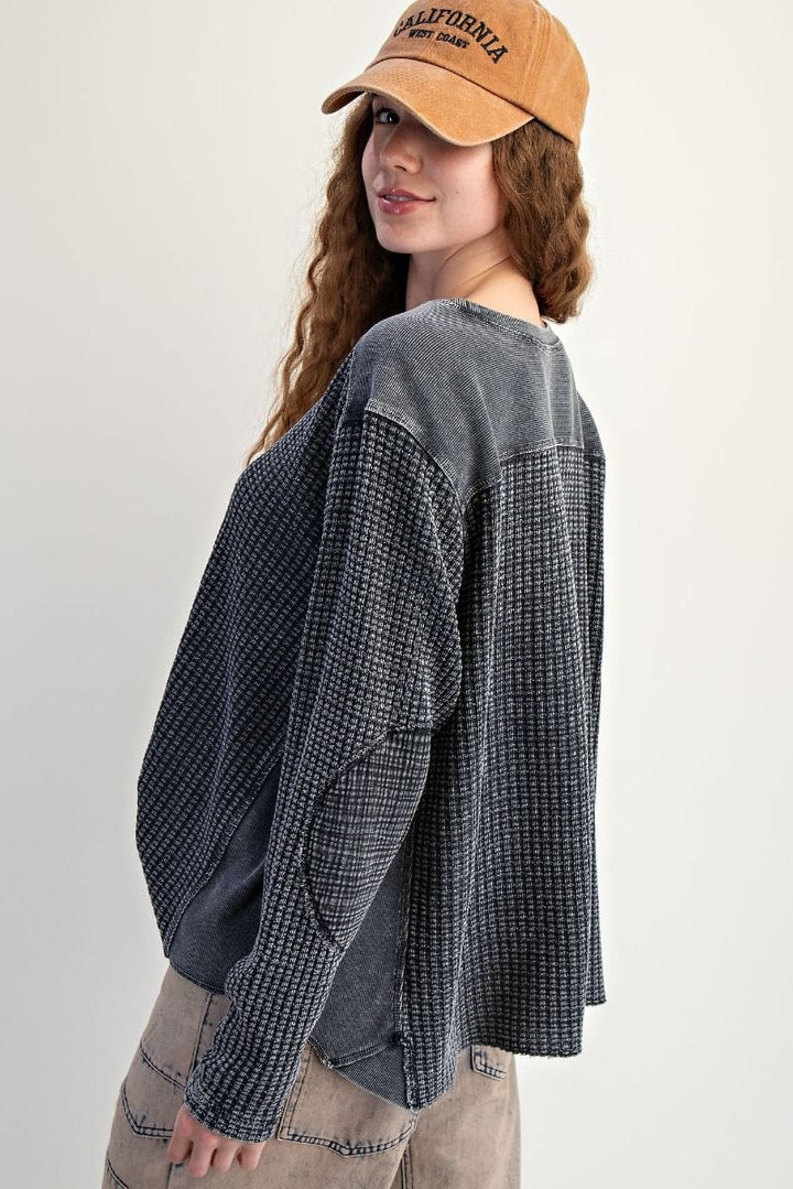 Easel Washed Thermal Waffle Knit Top with Elbow Patches