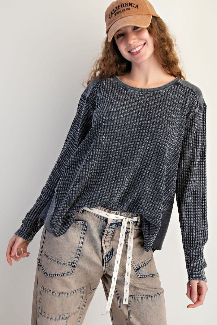 Easel Washed Thermal Waffle Knit Top with Elbow Patches