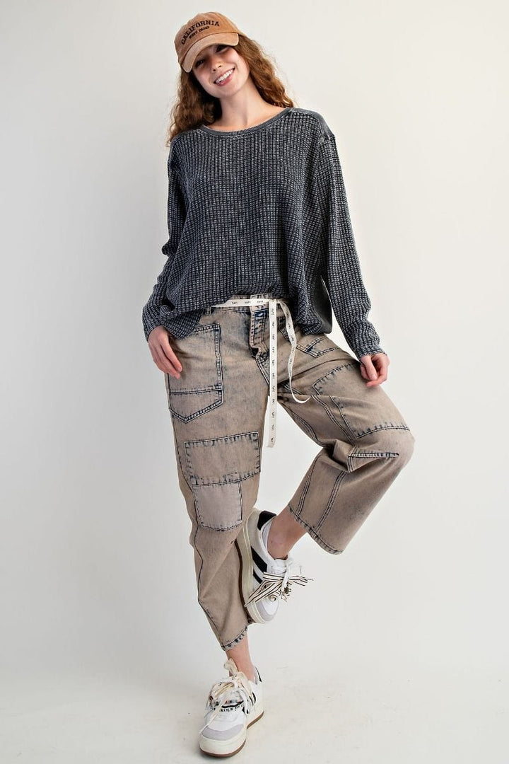 Easel Washed Thermal Waffle Knit Top with Elbow Patches