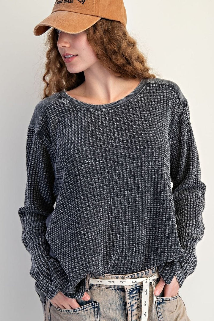 Easel Washed Thermal Waffle Knit Top with Elbow Patches
