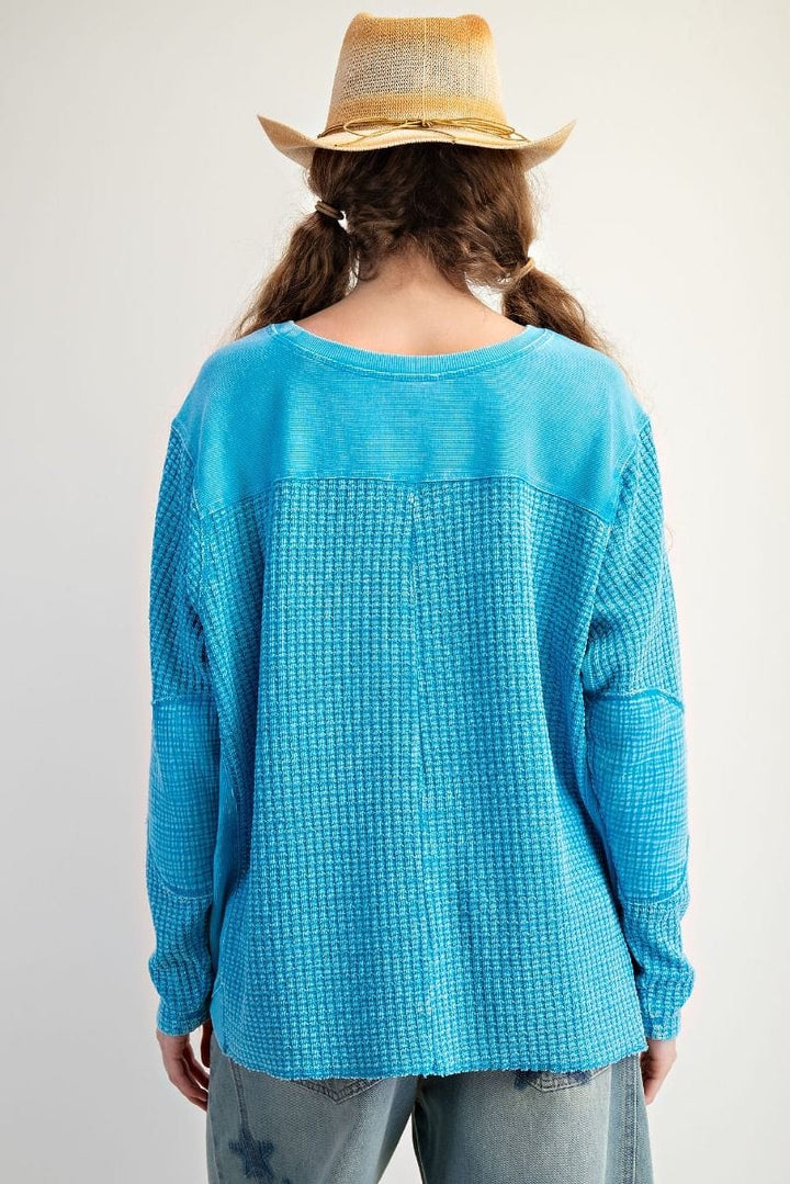 Easel Washed Thermal Waffle Knit Top with Elbow Patches