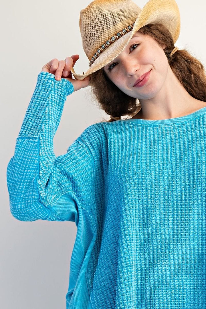 Easel Washed Thermal Waffle Knit Top with Elbow Patches