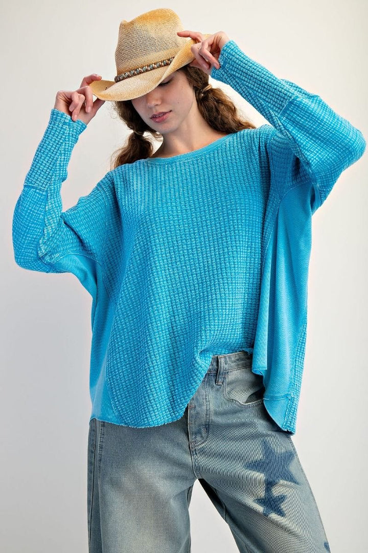 Easel Washed Thermal Waffle Knit Top with Elbow Patches