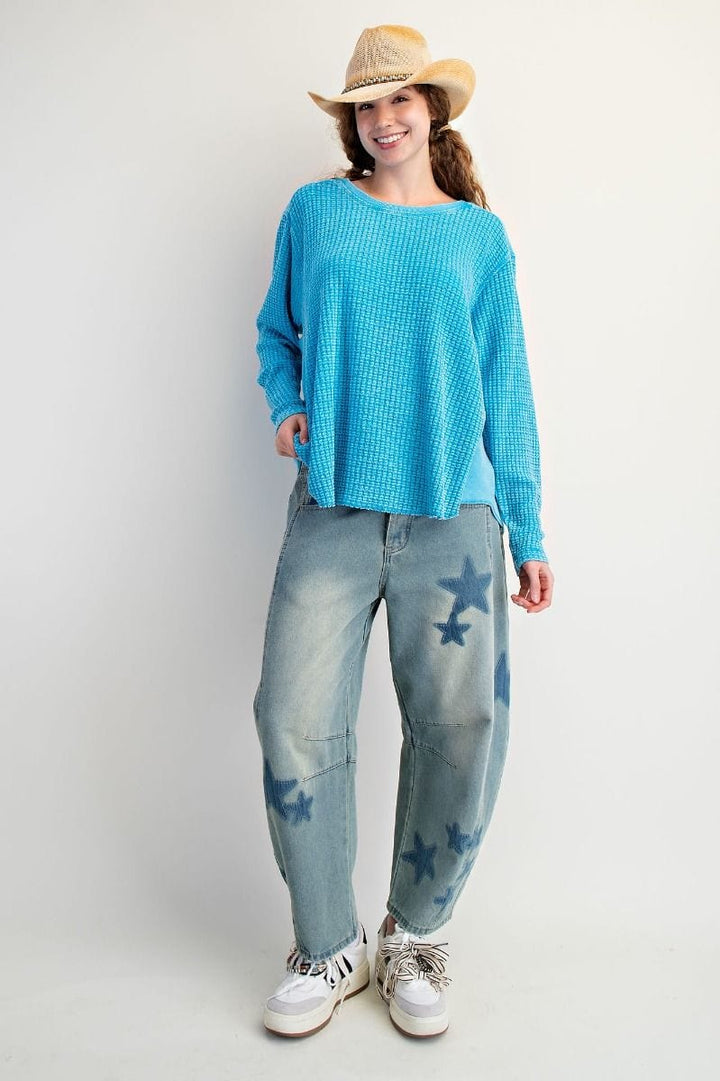 Easel Washed Thermal Waffle Knit Top with Elbow Patches
