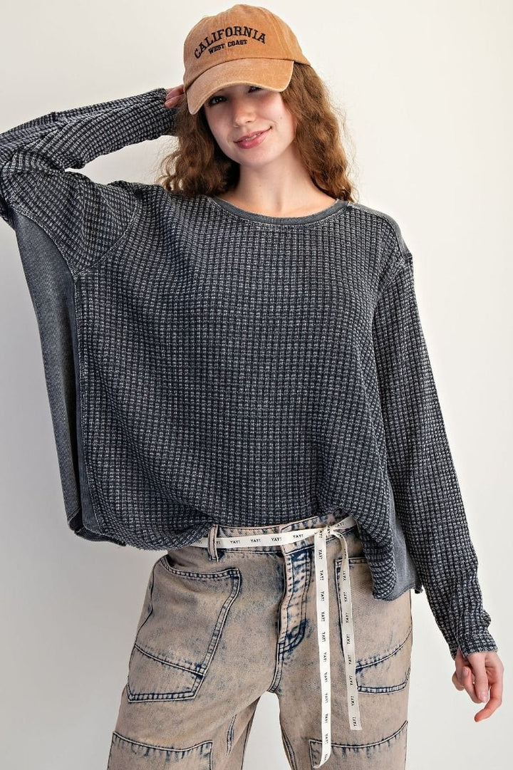 Easel Washed Thermal Waffle Knit Top with Elbow Patches