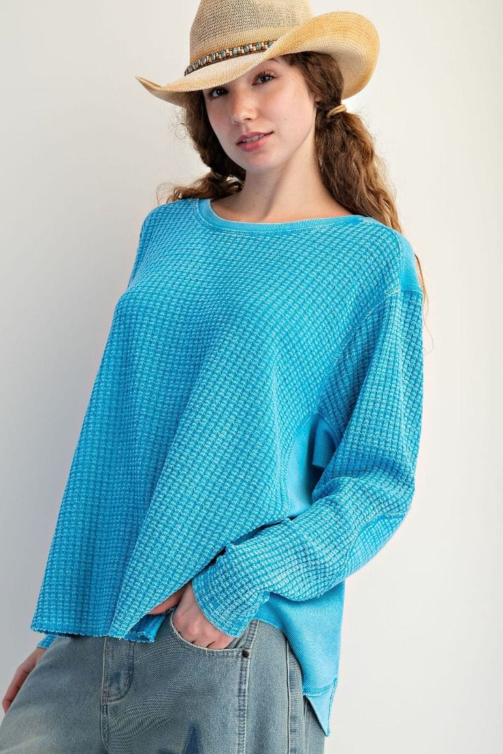 Easel Washed Thermal Waffle Knit Top with Elbow Patches