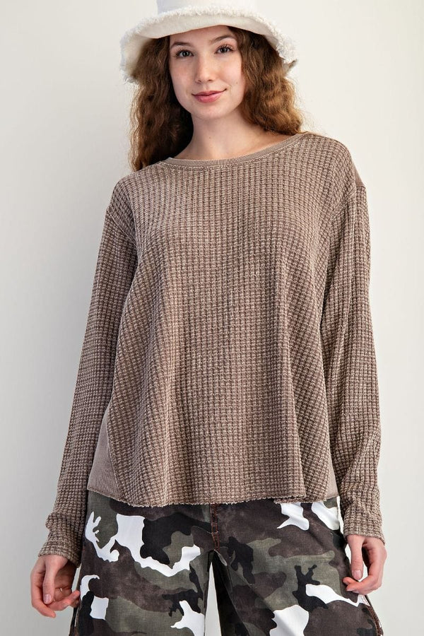Easel Washed Thermal Waffle Knit Top with Elbow Patches